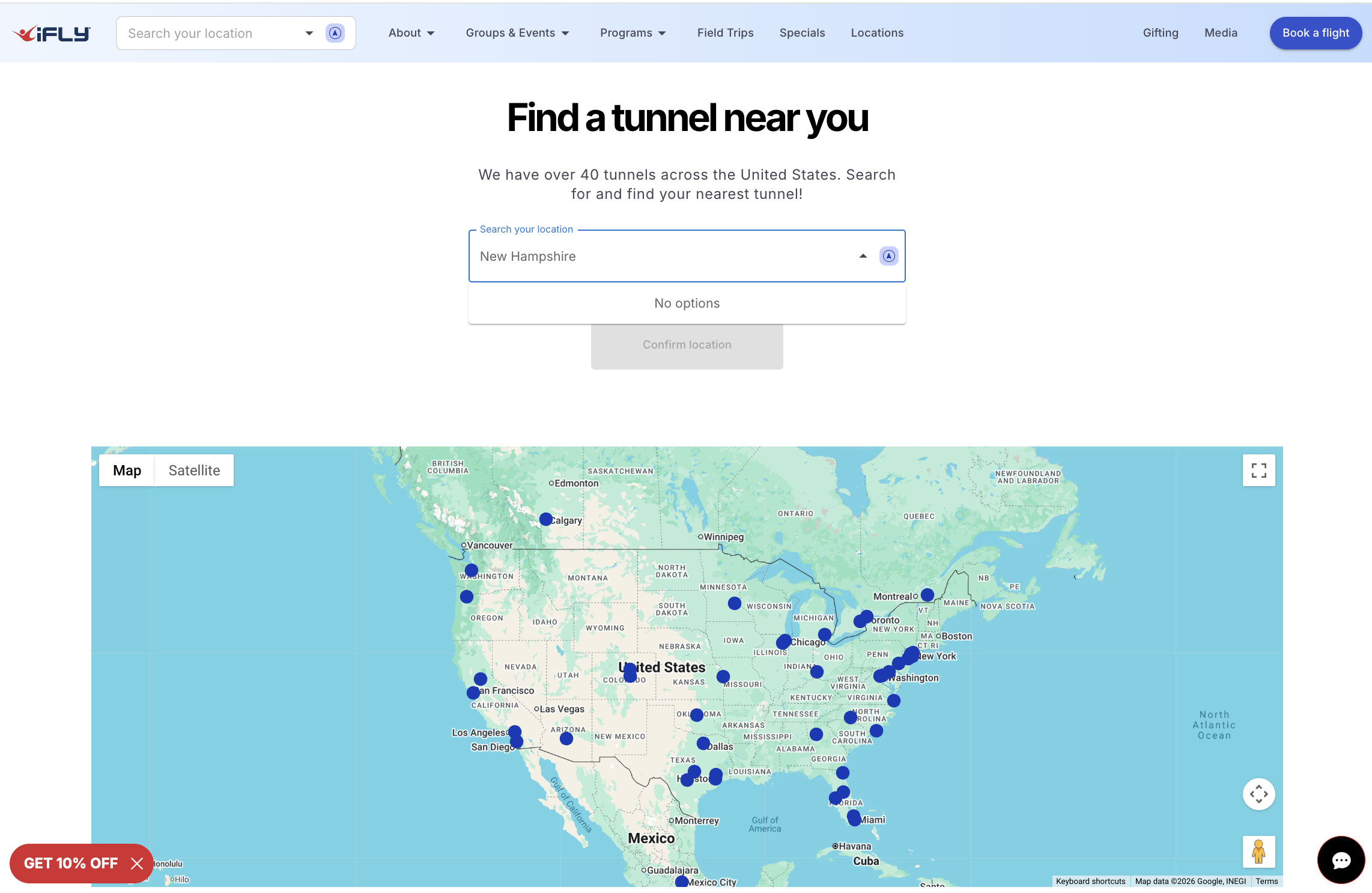 Screenshot: Find a tunnel near you: search for New Hampshire returns No options, captured 2026-10-30