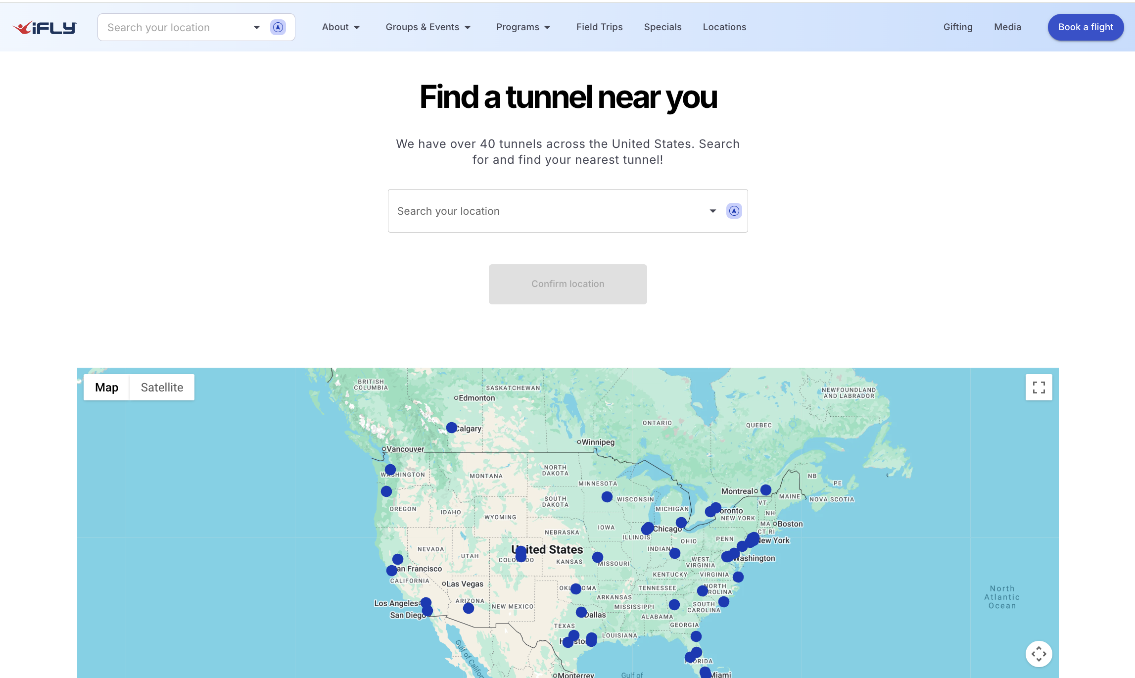 Screenshot: Find a tunnel near you: national map, no tunnel in New England, captured 2026-10-30