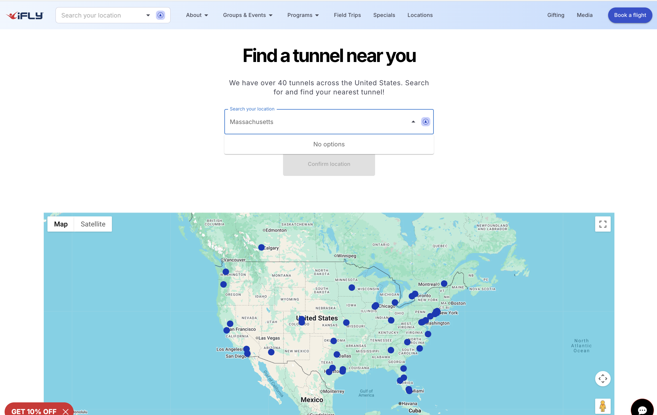 Screenshot: Find a tunnel near you: search for Massachusetts returns No options, captured 2026-10-30